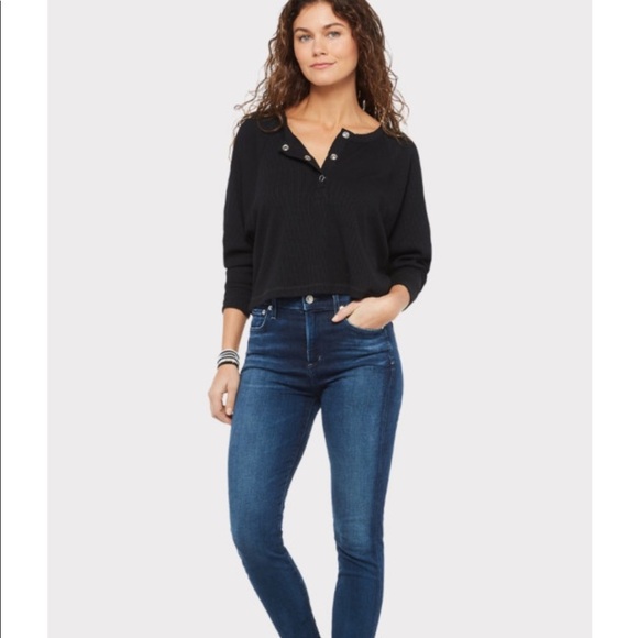 Anthropologie Chaser Rib Henley Snap Front Black Top - Picture 2 of 12